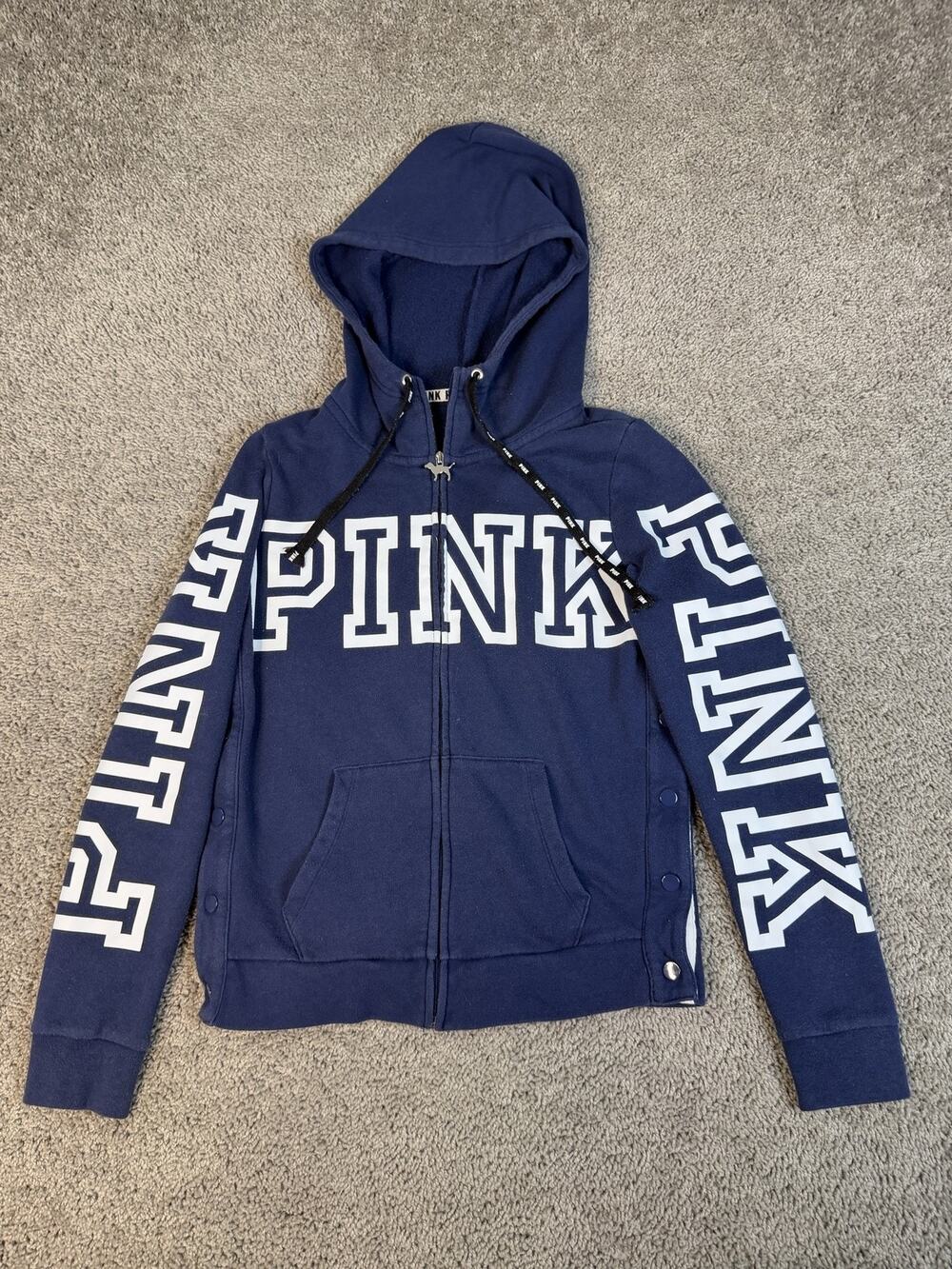 PINK Victoria's Secret Hoodie Womens M Blue Full Zip Lined Hooded Pockets